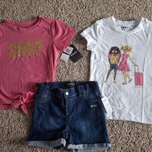 DKNY Kids Pink and White Graphic Set with Blue Denim Shorts New With Tags 6x